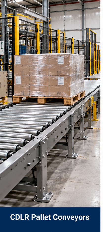 Chain-driven live roller pallet conveyor in an industrial handling application