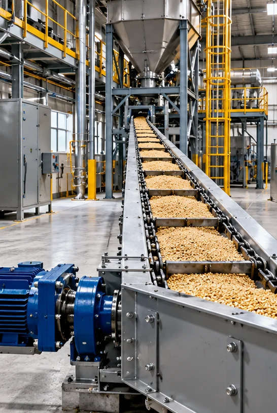 Industrial chain drag conveyor moving bulk material inside a processing facility